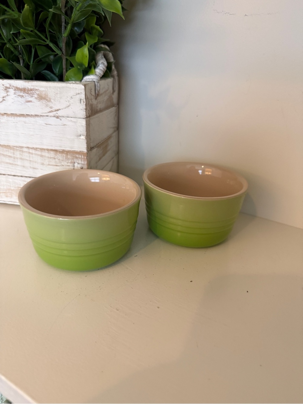 Le Creuset Green Stoneware Ramekins Set of 2 4” Mini Bowls